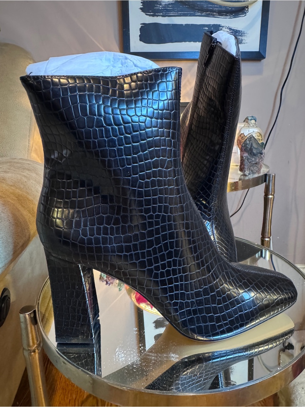 Katy Perry Luvlie Black Croc-Embossed High Heel Ankle Boots Sz 11 - Picture 2 of 8
